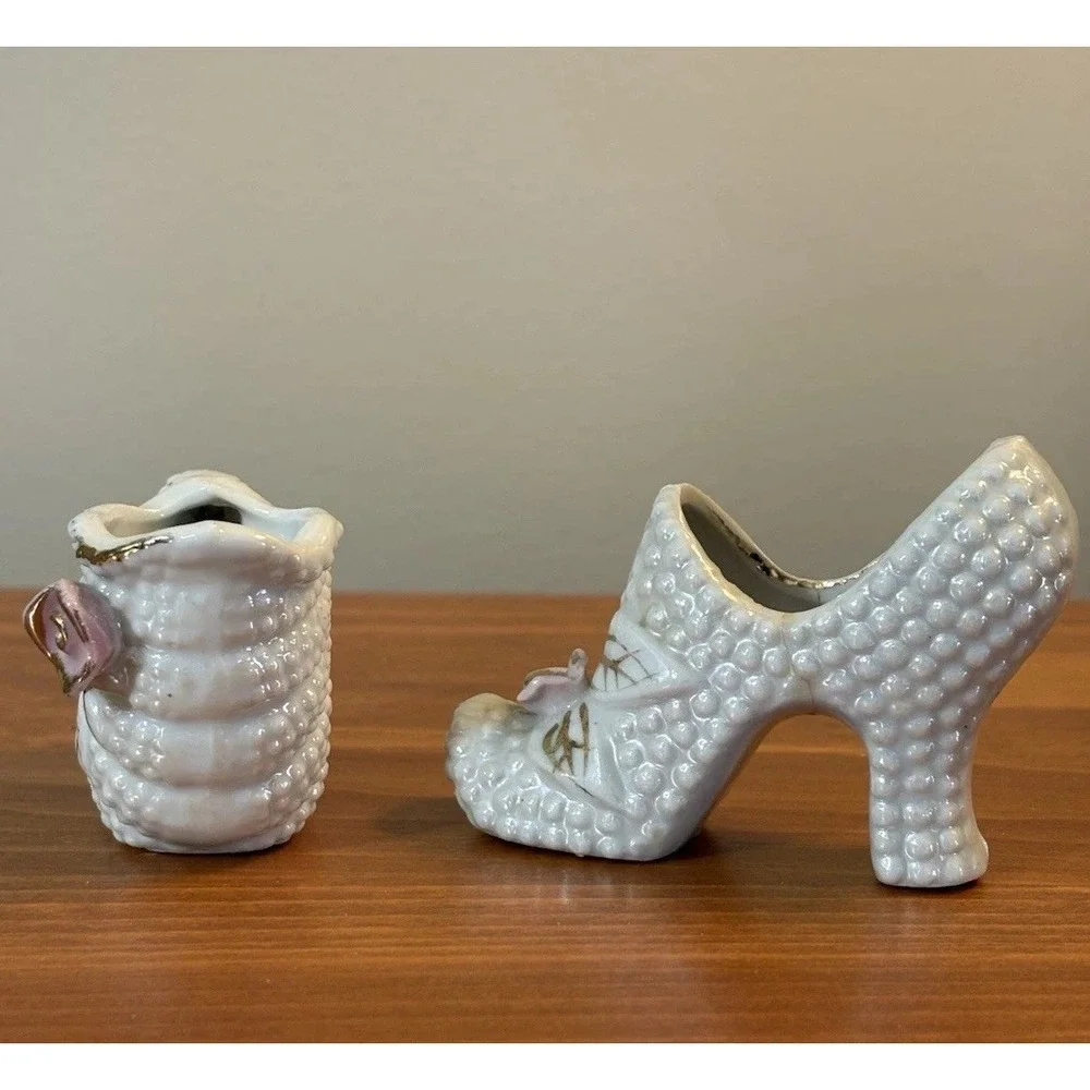 Vintage Mini Hobnail Japan Mini Planters Shoe Cornucopia Pink Roses Set of 2